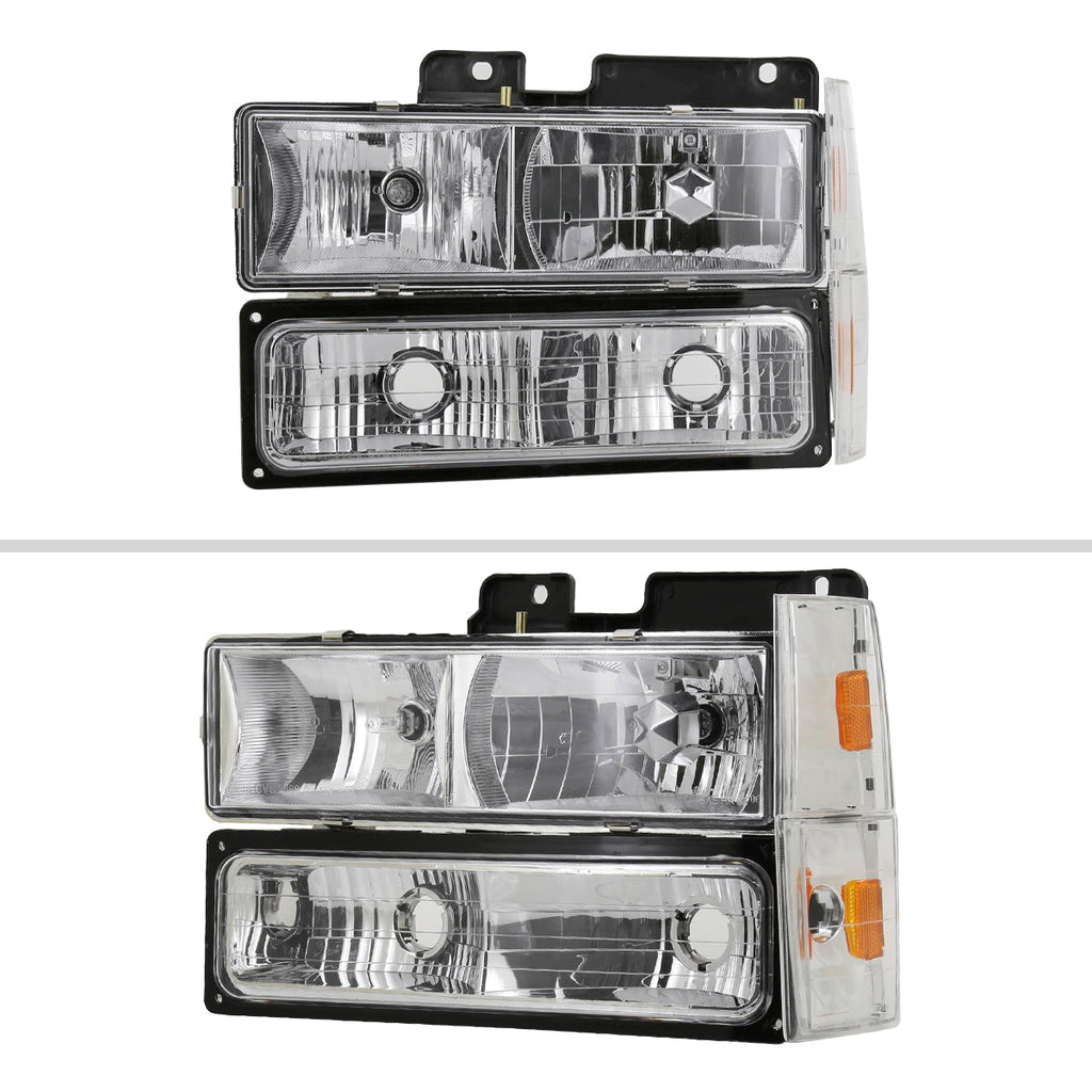 1988-1993 Chevrolet C/K Blazer/Tahoe/Silverado/Suburban GMC Sierra/Yukon Factory Style Headlights, Bumper Lights, & Corner Lights Set (Chrome Housing/Clear Lens)