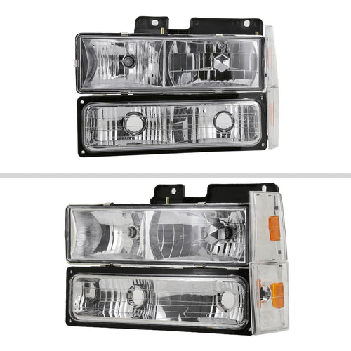 1988-1993 Chevrolet C/K Blazer/Tahoe/Silverado/Suburban GMC Sierra/Yukon Factory Style Headlights, Bumper Lights, & Corner Lights Set (Chrome Housing/Clear Lens)