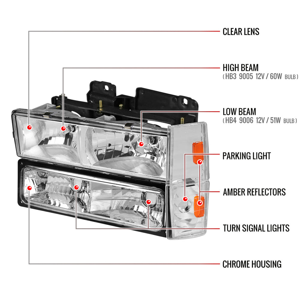 1988-1993 Chevrolet C/K Blazer/Tahoe/Silverado/Suburban GMC Sierra/Yukon Factory Style Headlights, Bumper Lights, & Corner Lights Set (Chrome Housing/Clear Lens)