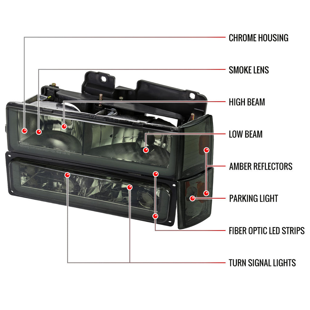 1988-1993 Chevrolet/GMC C10 C/K Sierra Tahoe LED Tube Factory Style Headlights with Bumper & Corner Lights (Chrome Housing/Smoked Lens)