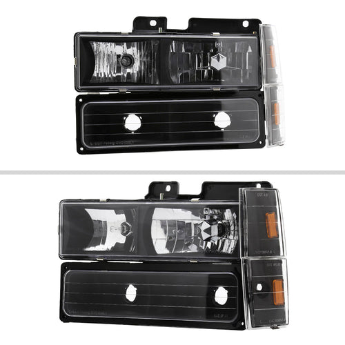 1988-1993 Chevrolet C/K Blazer/Tahoe/Silverado/Suburban GMC Sierra/Yukon Factory Style Headlights, Bumper Lights, & Corner Lights Set (Matte Black Housing/Clear Lens)