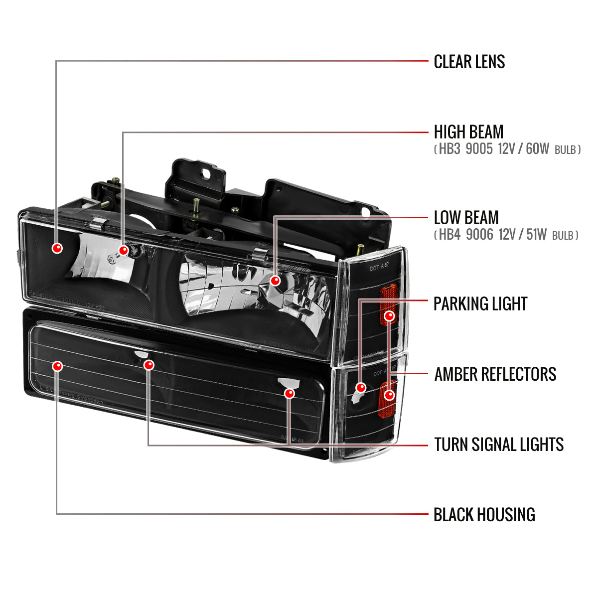 1988-1993 Chevrolet C/K Blazer/Tahoe/Silverado/Suburban GMC Sierra/Yukon Factory Style Headlights, Bumper Lights, & Corner Lights Set (Matte Black Housing/Clear Lens)