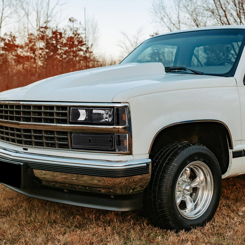 1988-1993 Chevrolet C/K Blazer/Tahoe/Silverado/Suburban GMC Sierra/Yukon Factory Style Headlights, Bumper Lights, & Corner Lights Set (Matte Black Housing/Clear Lens)