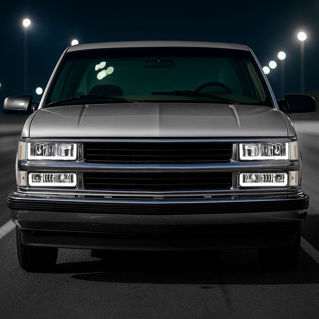 1994-1998 Chevrolet Silverado/Tahoe/Suburban/C10 Factory Style Headlights w/LED Strip and Bumper & Corner Lights (Chrome Housing/Clear Lens)