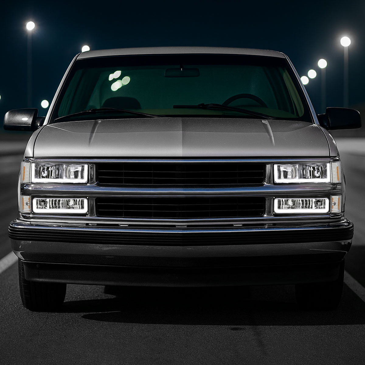 1994-1998 Chevrolet Silverado/Tahoe/Suburban/C10 Factory Style Headlights w/LED Strip and Bumper & Corner Lights (Chrome Housing/Clear Lens)