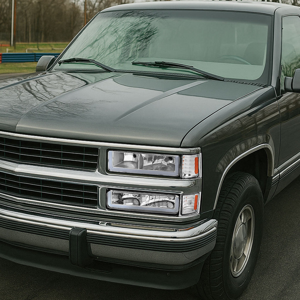 1994-1998 Chevrolet Silverado/Tahoe/Suburban/C10 Factory Style Headlights w/LED Strip and Bumper & Corner Lights (Chrome Housing/Clear Lens)