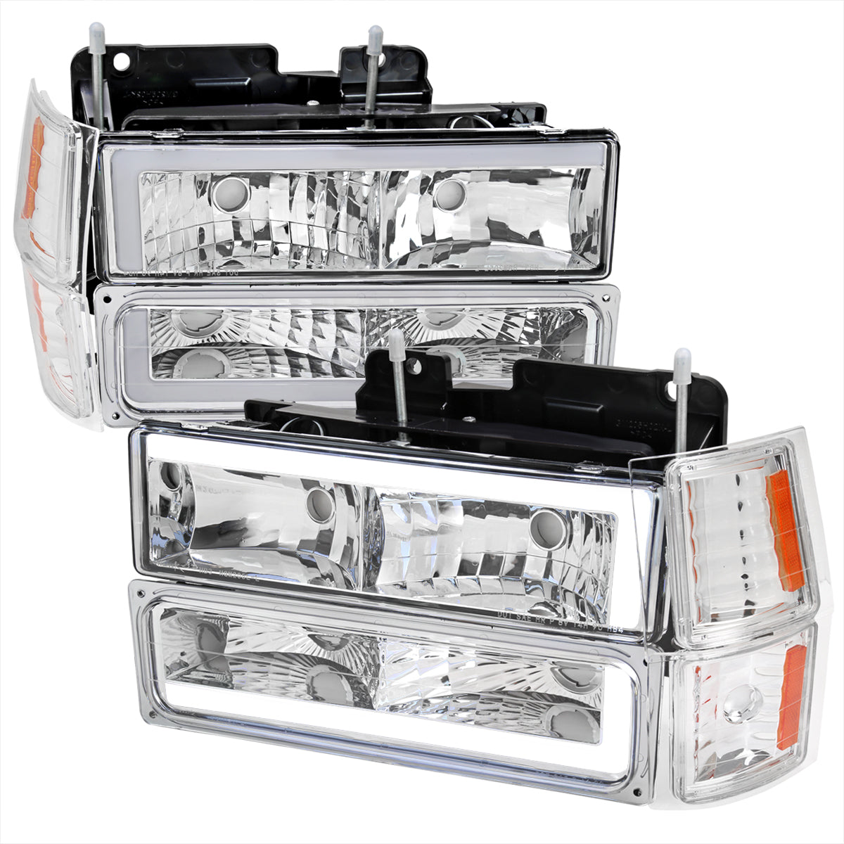 1994-1998 Chevrolet C10 C/K Tahoe Suburban LED Tube Factory Headlights with Corner Signal Bumper Lights (Chrome Housing/Clear Lens)