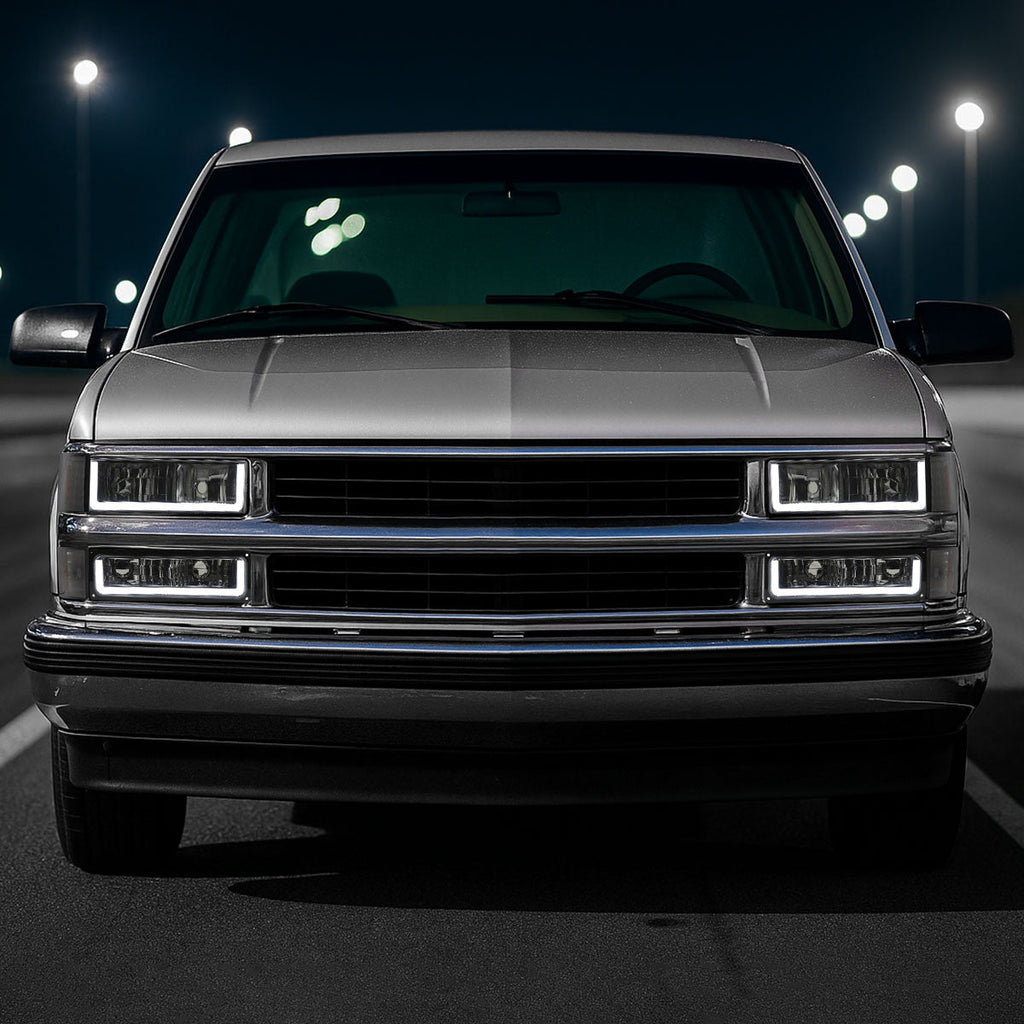 1994-1998 Chevrolet Silverado/Tahoe/Suburban/C10 Factory Style Headlights w/LED Strip and Bumper & Corner Lights (Chrome Housing/Smoked Lens)