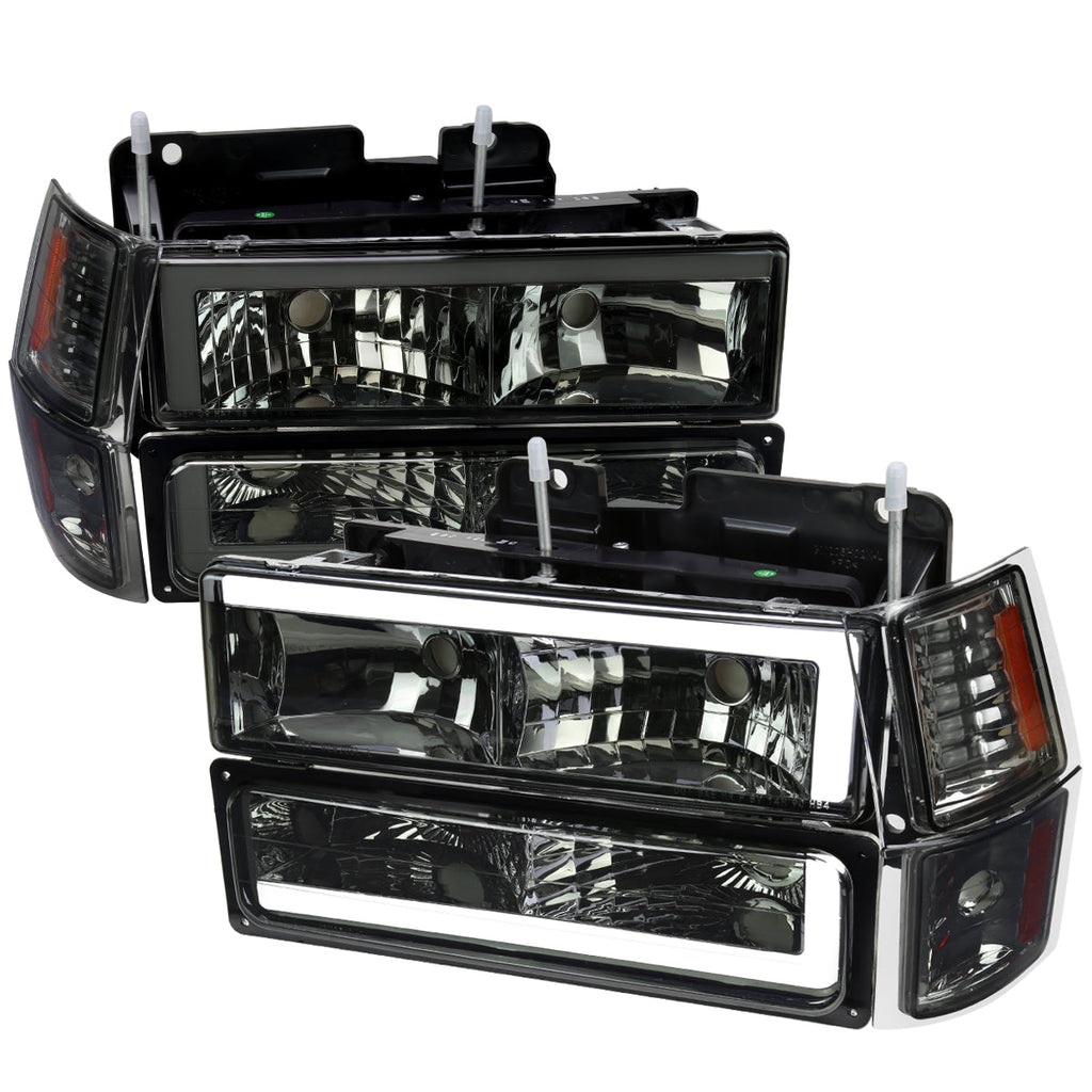 1994-1998 Chevrolet C10 C/K Tahoe Suburban LED Tube Factory Headlights with Corner Signal Bumper Lights (Chrome Housing/Smoked Lens)