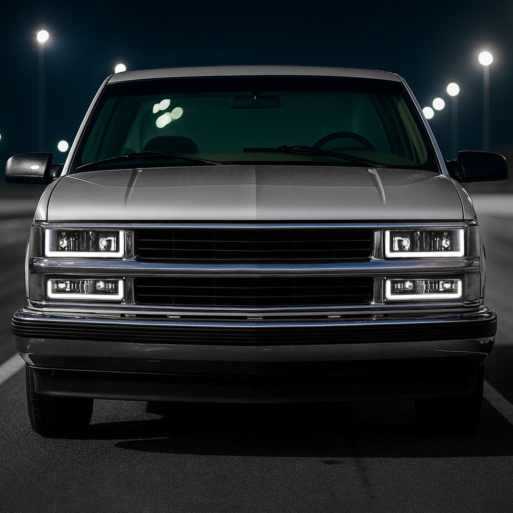 1994-1998 Chevrolet Silverado/Tahoe/Suburban/C10 Factory Style Headlights w/LED Strip and Bumper & Corner Lights (Matte Black Housing/Clear Lens)