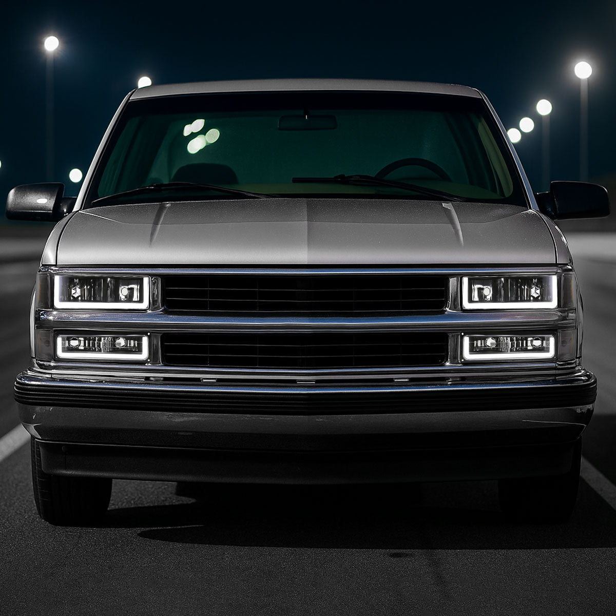 1994-1998 Chevrolet Silverado/Tahoe/Suburban/C10 Factory Style Headlights w/LED Strip and Bumper & Corner Lights (Matte Black Housing/Clear Lens)