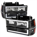 1994-1998 Chevrolet C10 C/K Tahoe Suburban LED Tube Factory Headlights with Corner Signal Bumper Lights (Matte Black Housing/Clear Lens)