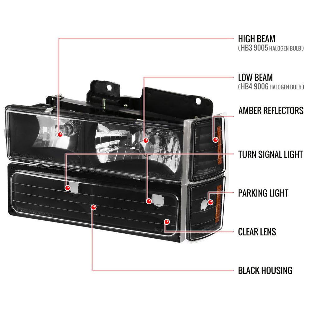 1994-1998 Chevrolet Silverado/Tahoe/Suburban/C10 Factory Style Headlights w/ Bumper & Corner Lights (Matte Black Housing/Clear Lens)