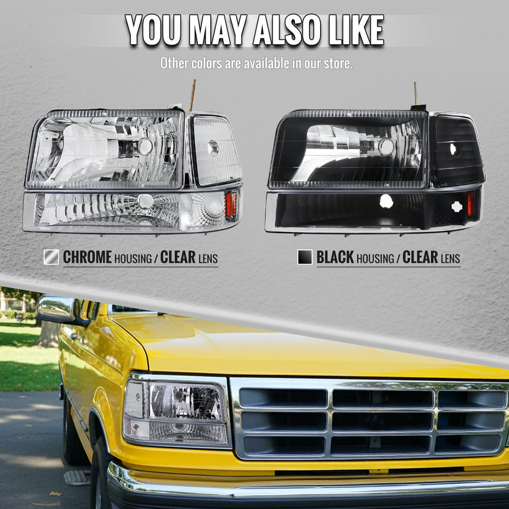 1992-1996 Ford F-150/F-250/F-350/Bronco Factory Style Headlights w/ Bumper & Corner Lights (Chrome Housing/Clear Lens)