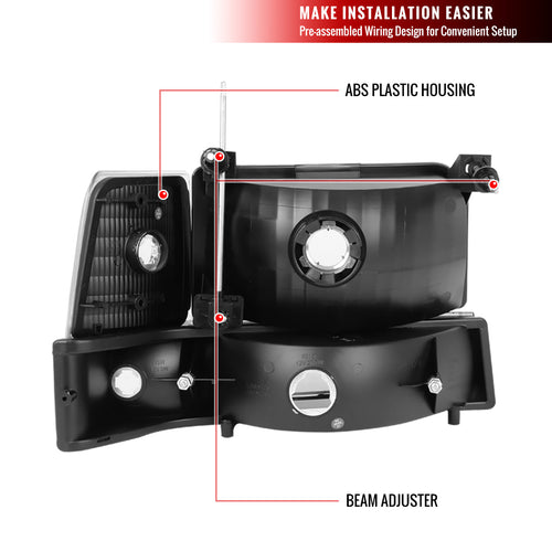 1992-1996 Ford F-150/F-250/F-350/Bronco Factory Style Headlights w/ Bumper & Corner Lights (Matte Black Housing/Clear Lens)