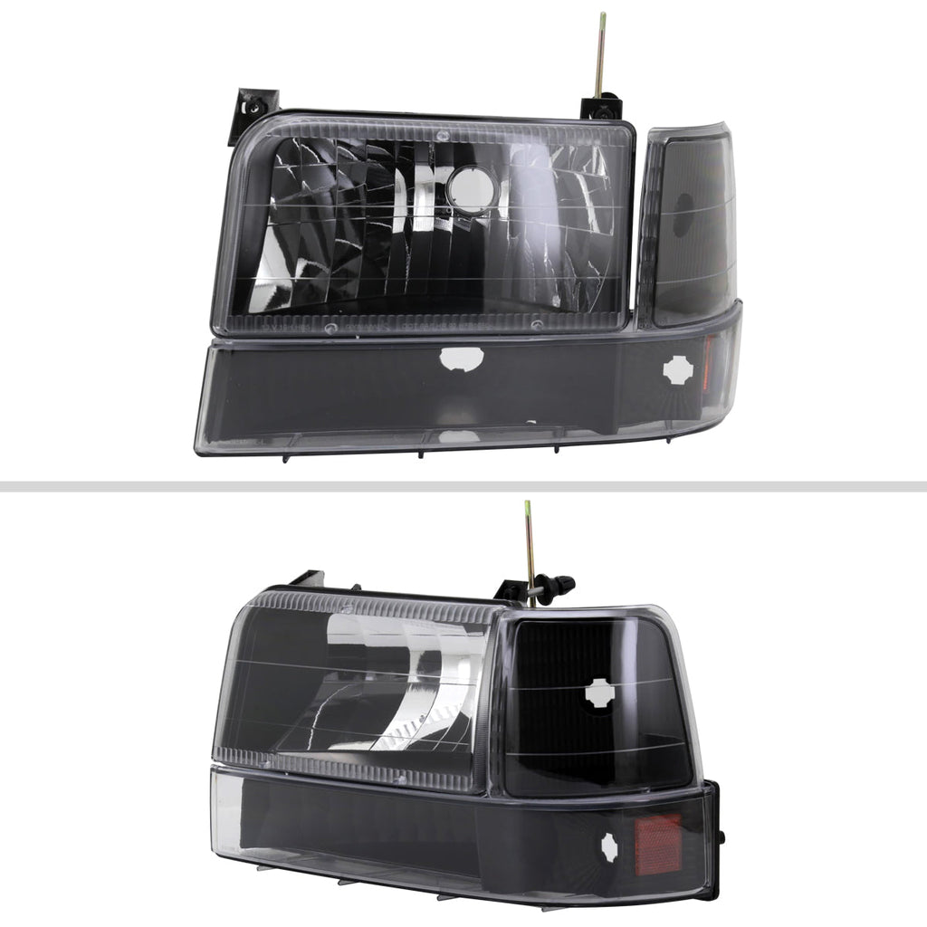 1992-1996 Ford F-150/F-250/F-350/Bronco Factory Style Headlights w/ Bumper & Corner Lights (Matte Black Housing/Clear Lens)
