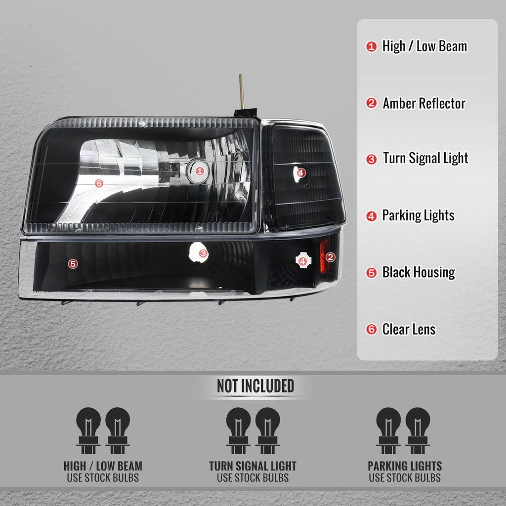 1992-1996 Ford F-150/F-250/F-350/Bronco Factory Style Headlights w/ Bumper & Corner Lights (Matte Black Housing/Clear Lens)