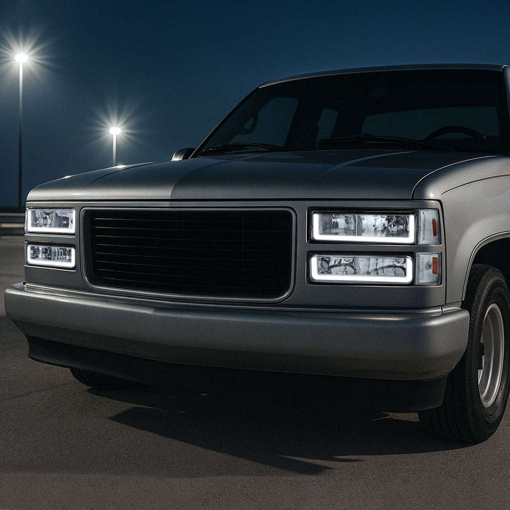 1994-1998 GMC C10/Sierra/Suburban/Yukon Factory Style Headlights w/LED Strip and Bumper & Corner Lights (Chrome Housing/ Clear Lens)