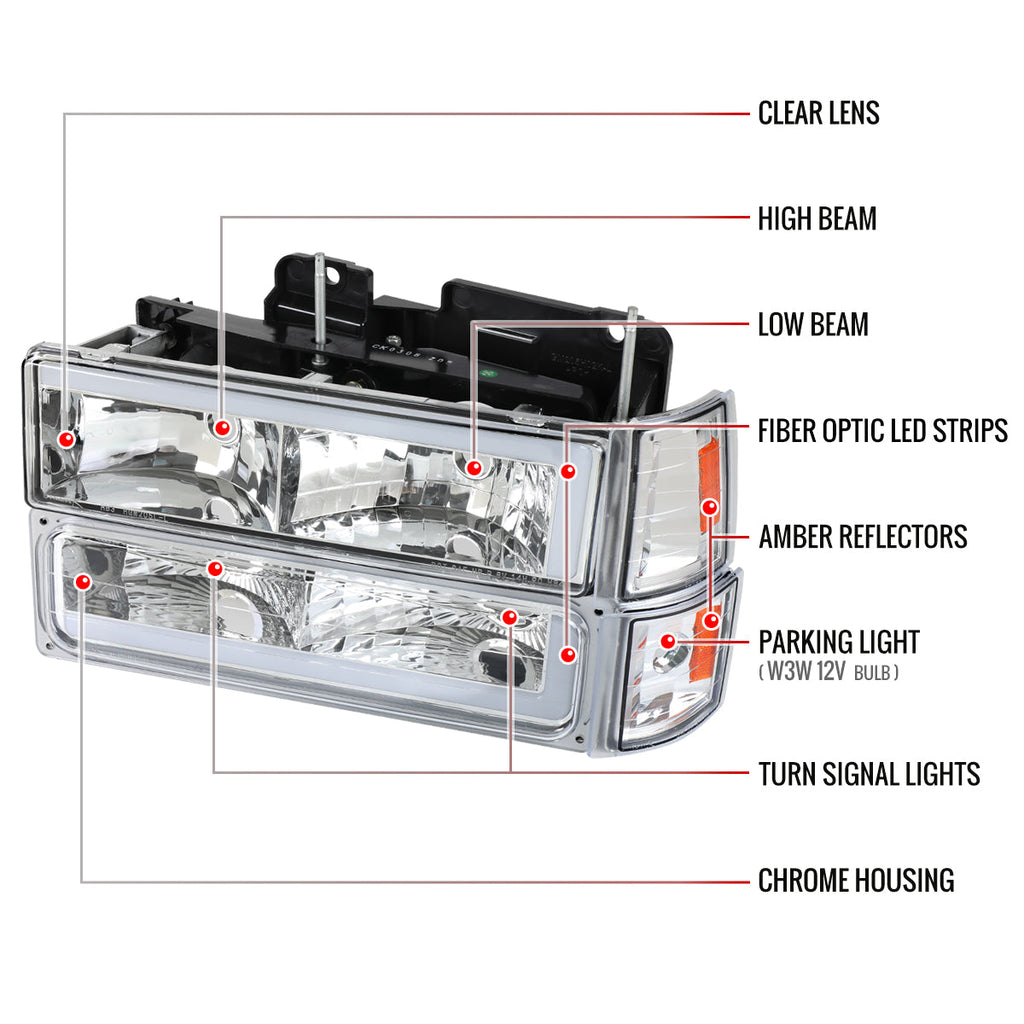 1994-1998 GMC C10 / C/K / Suburban / Sierra / Yukon  LED Bar Factory Style Headlights, Corner Lights, and Bumper Lights (Chrome Housing/Clear Lens)