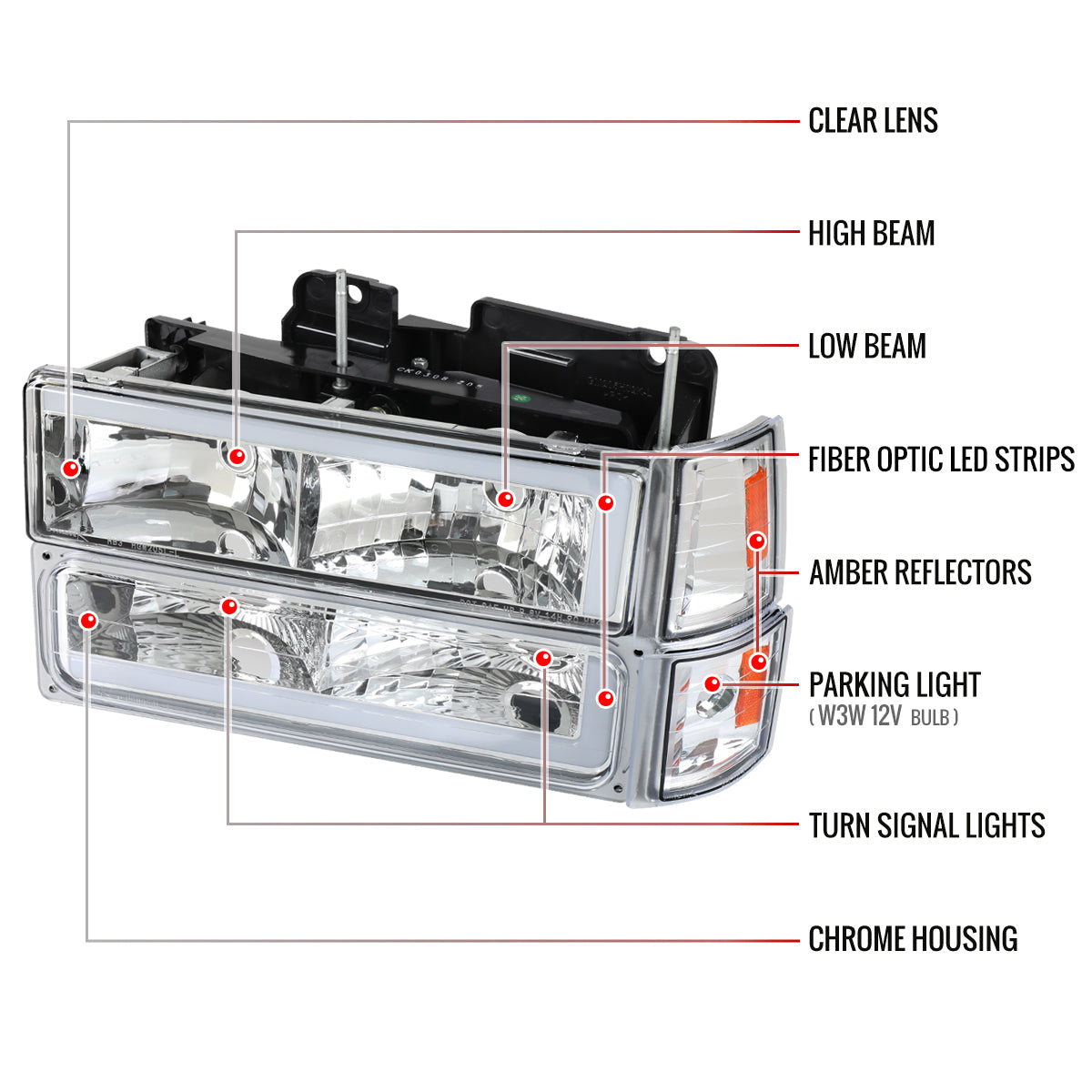 1994-1998 GMC C10 / C/K / Suburban / Sierra / Yukon  LED Bar Factory Style Headlights, Corner Lights, and Bumper Lights (Chrome Housing/Clear Lens)