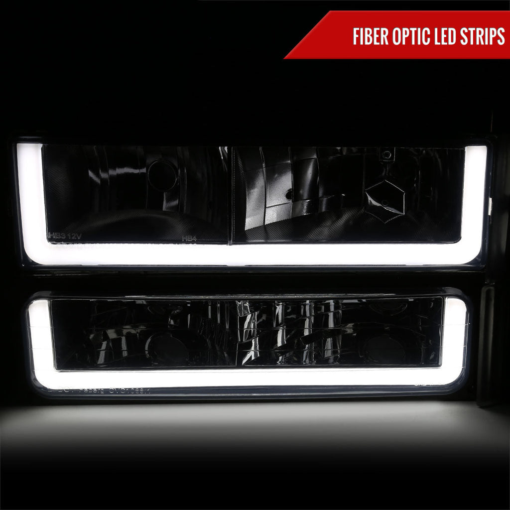 1994-1998 GMC C10/Sierra/Suburban/Yukon Factory Style Headlights w/LED Strip and Bumper & Corner Lights (Chrome Housing/Smoked Lens)