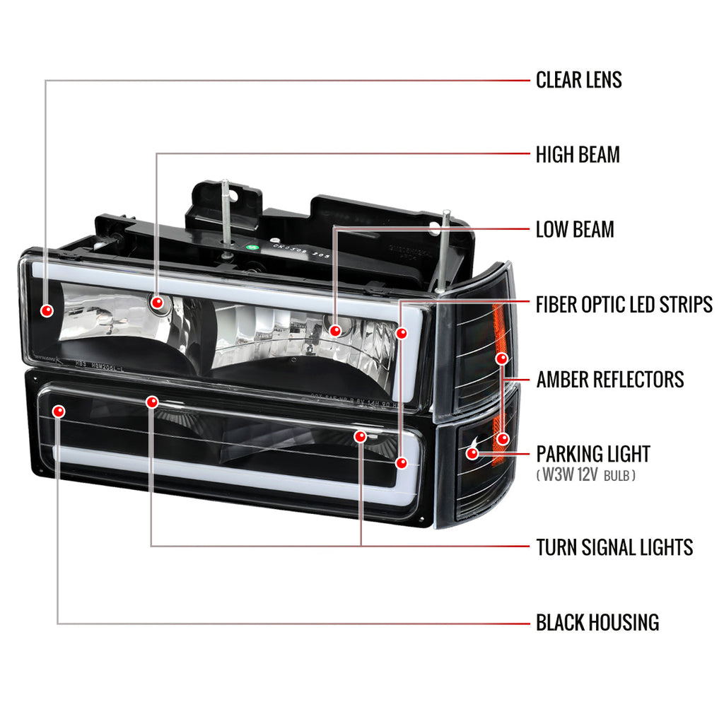 1994-1998 GMC C10 / C/K / Suburban / Sierra / Yukon  LED Bar Factory Style Headlights, Corner Lights, and Bumper Lights (Matte Black Housing/Clear Lens)