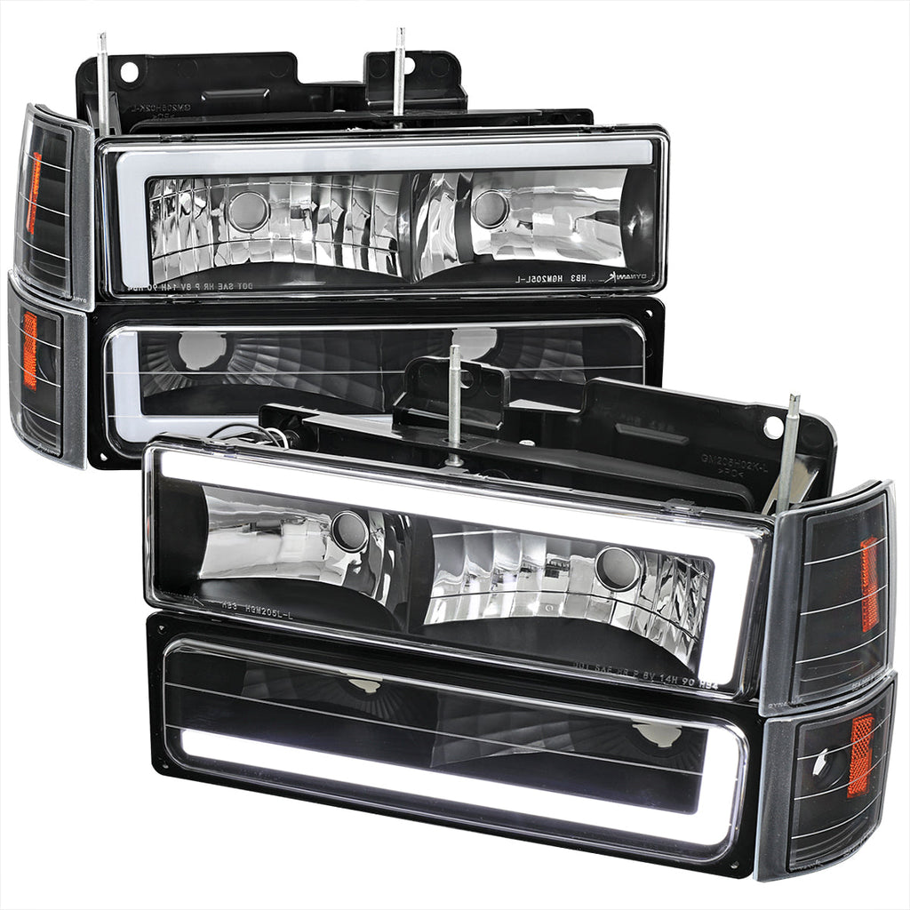 1994-1998 GMC C10 / C/K / Suburban / Sierra / Yukon  LED Bar Factory Style Headlights, Corner Lights, and Bumper Lights (Matte Black Housing/Clear Lens)