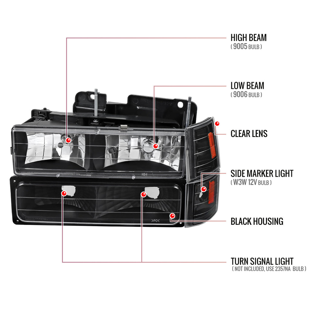 1994-1998 GMC C10/Sierra/Suburban/Yukon Factory Style Headlights w/ Bumper & Corner Lights (Matte Black Housing/Clear Lens)