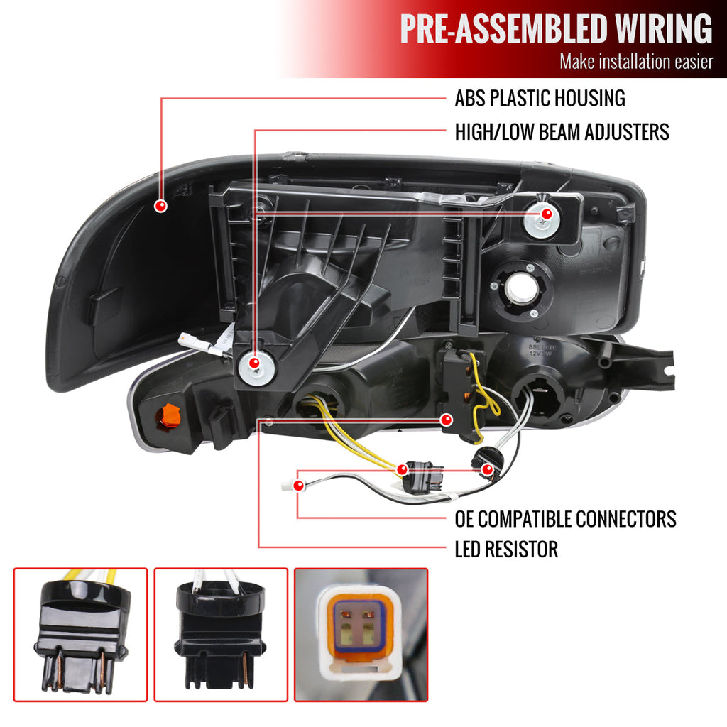 1999-2006 GMC Sierra Denali/2007 Sierra Classic Denali/2000-2006 Yukon/XL Denali Factory Style Headlights with LED Sequential Turn Signal Bumper Lights (Matte Black Housing/Smoked Lens)