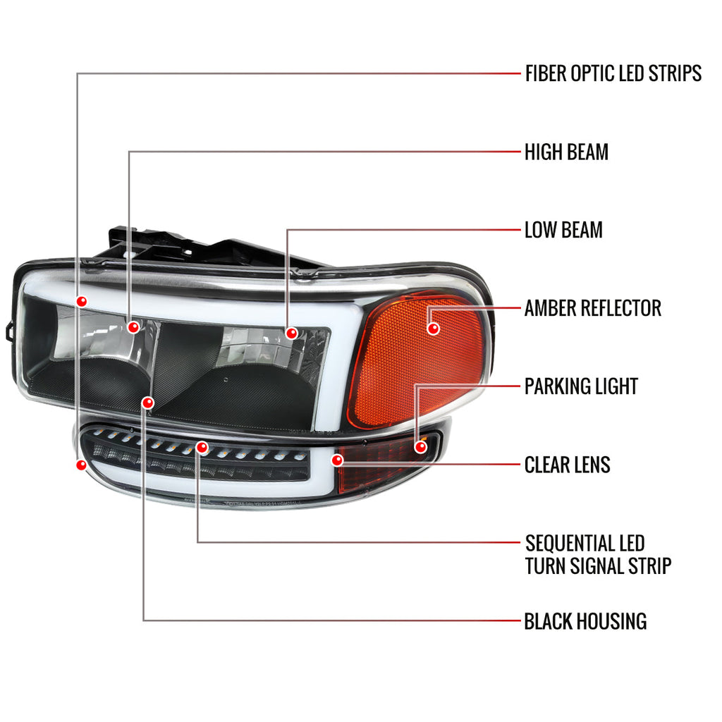 1999-2006 GMC Sierra Denali/2007 Sierra Classic Denali/2000-2006 Yukon/XL Denali Factory Style Headlights with LED Sequential Turn Signal Bumper Lights (Matte Black Housing/Clear Lens)