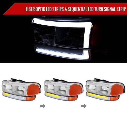 1999-2006 GMC Sierra/2007 Sierra Classic/2000-2006 Yukon/XL Factory Style Headlights and Sequential Turn Signal Bumper Lights (Chrome Housing/Clear Lens)