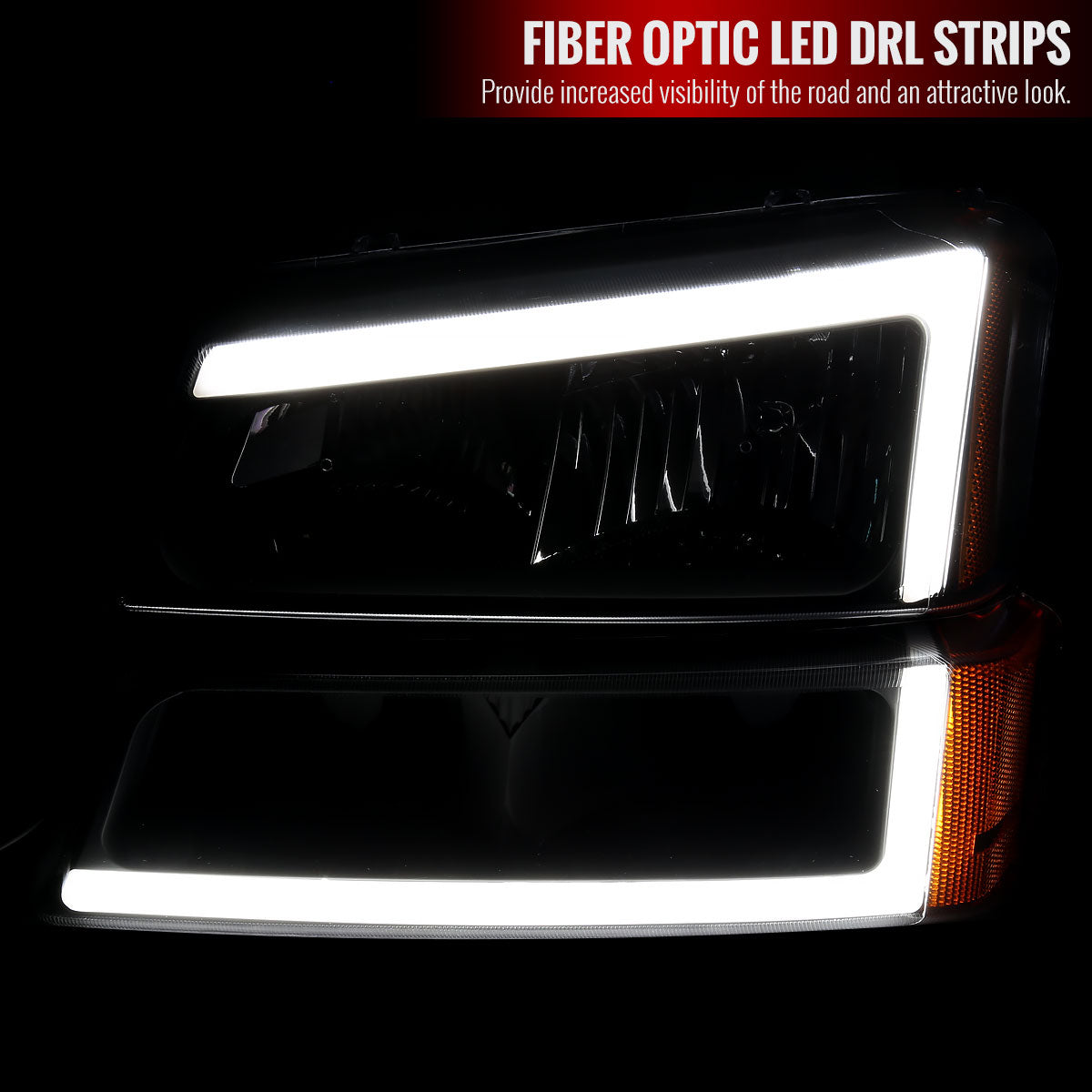 2002-2006 Chevrolet Avalanche/ 2003-2007 Silverado LED Bar Factory Style Headlights & Bumper Lights (Matte Black Housing/Clear Lens)