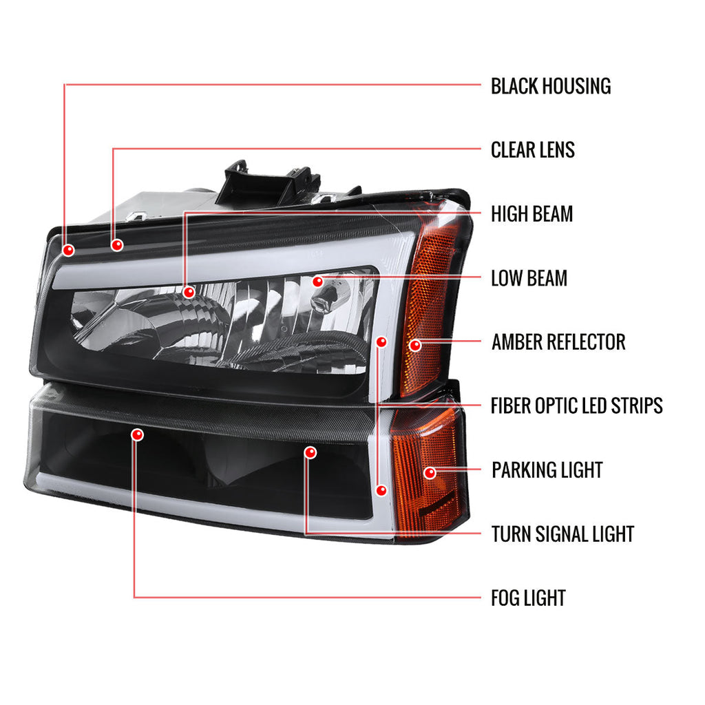 2002-2006 Chevrolet Avalanche/ 2003-2007 Silverado LED Bar Factory Style Headlights & Bumper Lights (Matte Black Housing/Clear Lens)