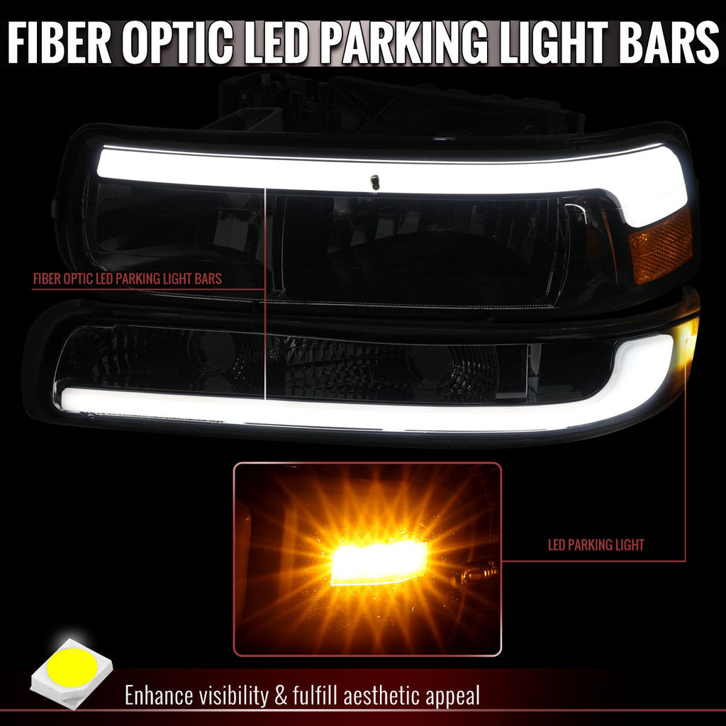 1999-2002 Chevrolet Silverado / 2000-2006 Tahoe / Suburban LED Bar Factory Style Headlights w/ Bumper Light Assembly (Chrome Housing / Smoked Lens)