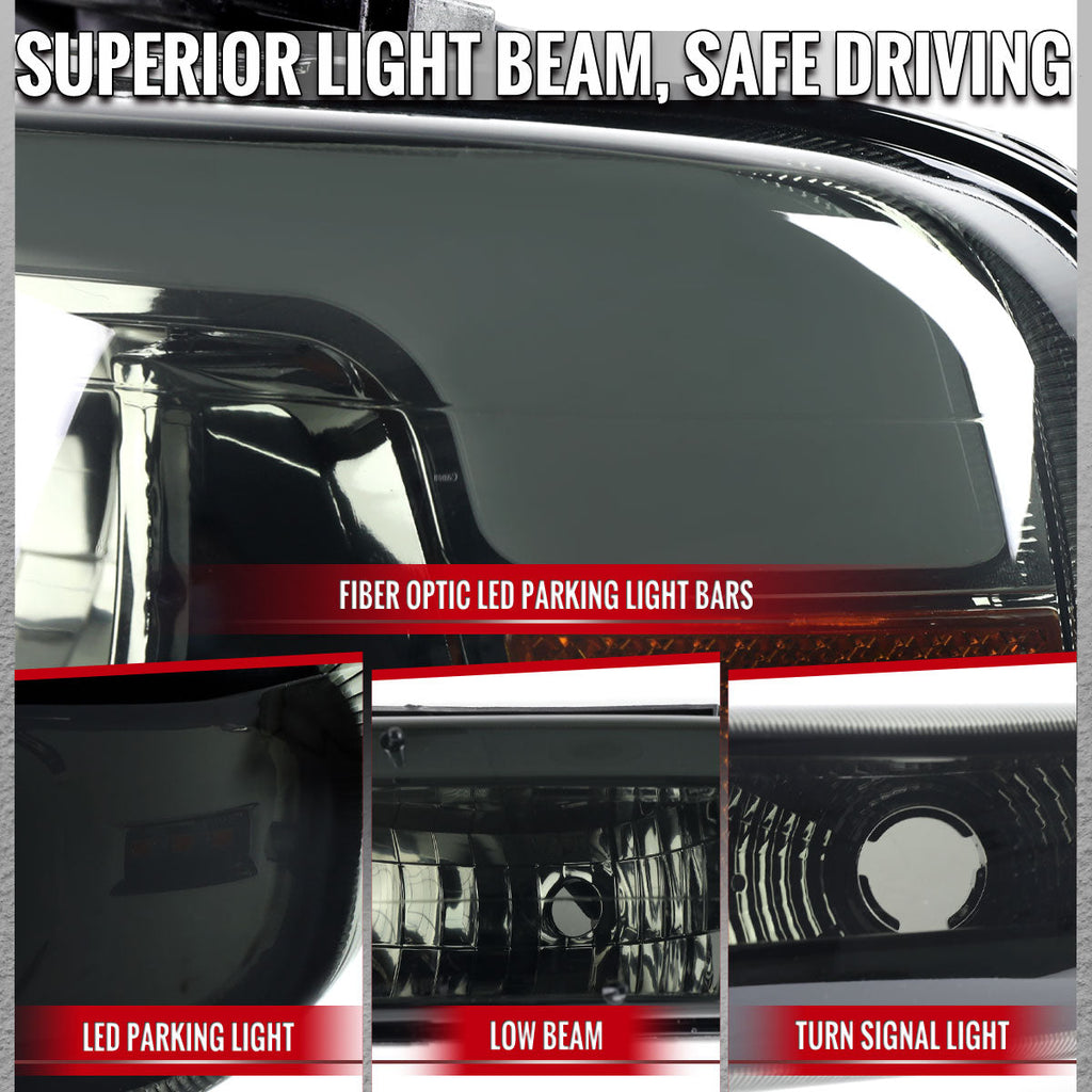 1999-2002 Chevrolet Silverado / 2000-2006 Tahoe / Suburban LED Bar Factory Style Headlights w/ Bumper Light Assembly (Chrome Housing / Smoked Lens)