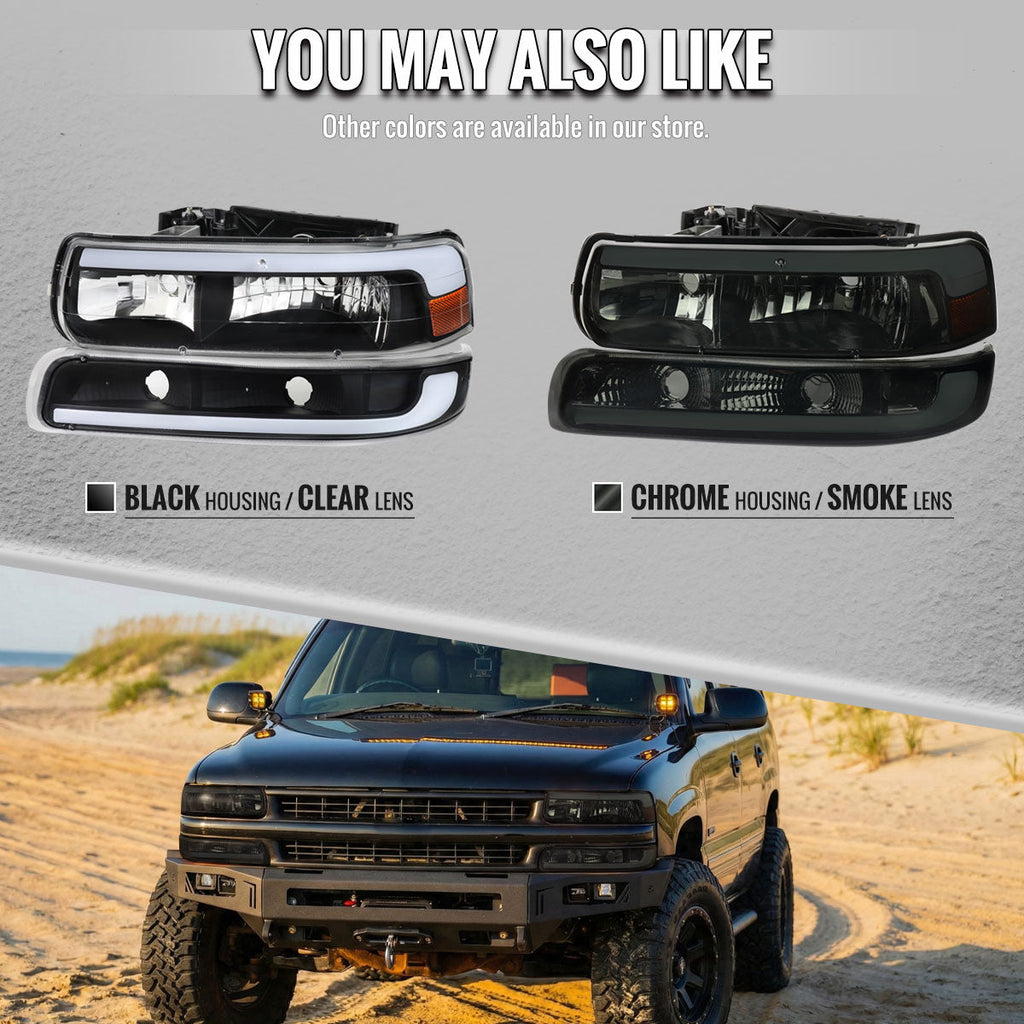 1999-2002 Chevrolet Silverado / 2000-2006 Tahoe / Suburban LED Bar Factory Style Headlights w/ Bumper Light Assembly (Chrome Housing / Smoked Lens)