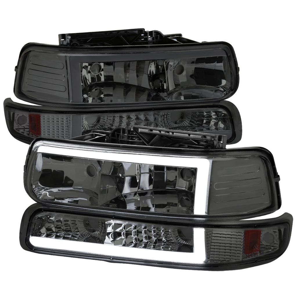 1999-2002 Chevrolet Silverado 1500 2500 / 2000-2006 Tahoe Suburban LED Bar Factory Style Headlights & Bumper Lights w/ Amber Reflector (Chrome Housing/Smoked Lens)