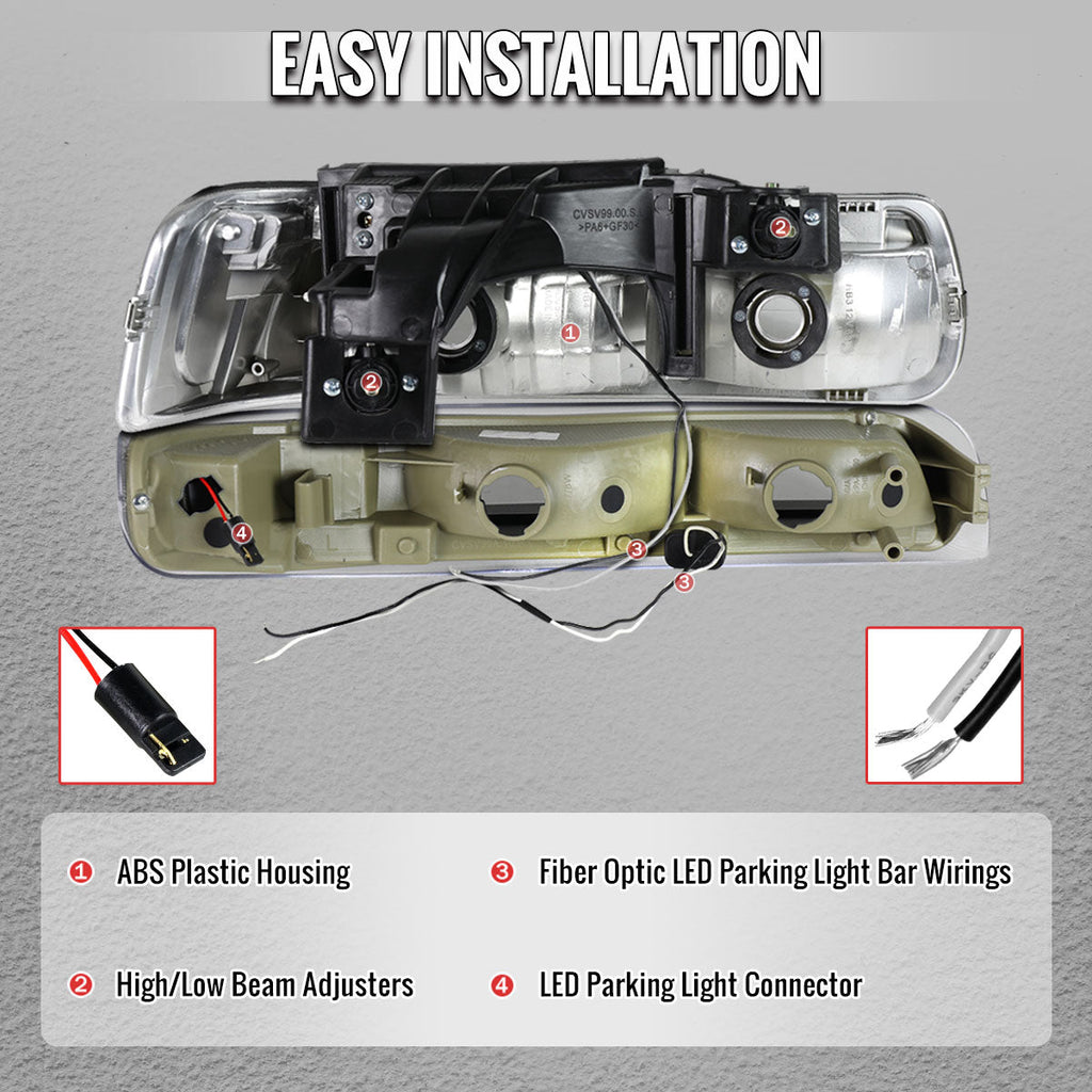 1999-2002 Chevrolet Silverado / 2000-2006 Tahoe / Suburban LED Bar Factory Style Headlights w/ Bumper Light Assembly (Matte Black Housing / Clear Lens)