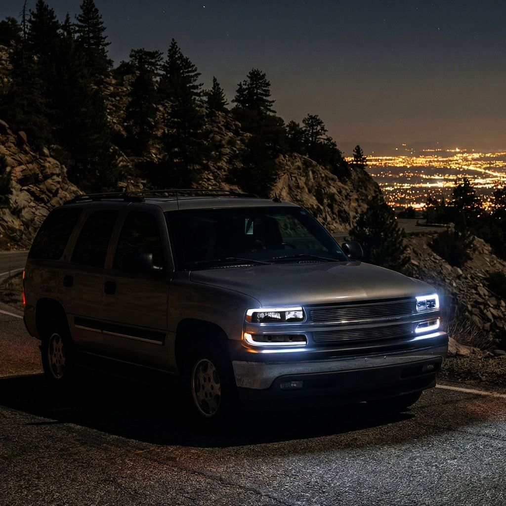 1999-2002 Chevrolet Silverado / 2000-2006 Tahoe / Suburban LED Bar Factory Style Headlights w/ Bumper Light Assembly (Matte Black Housing / Clear Lens)