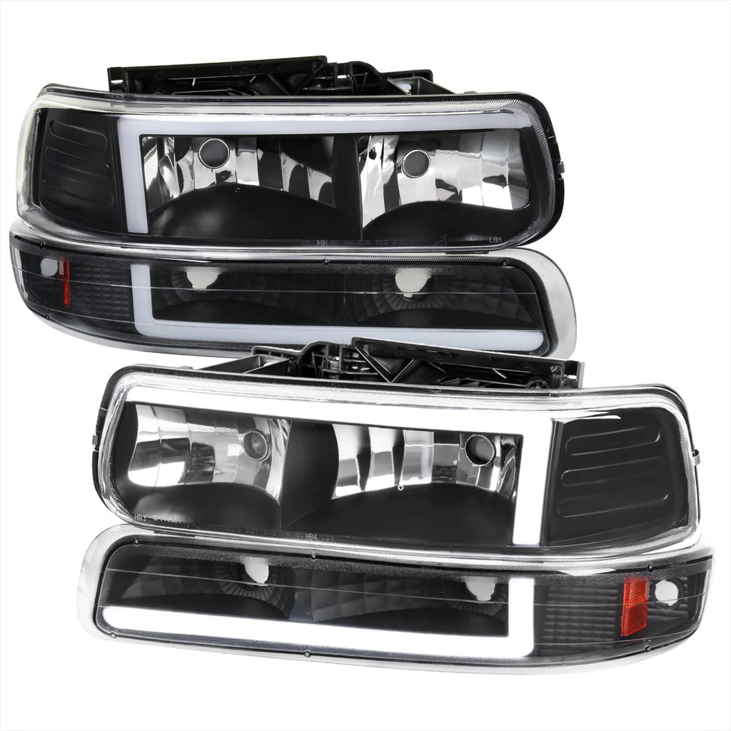 1999-2002 Chevrolet Silverado 1500 2500 / 2000-2006 Tahoe Suburban LED Bar Factory Style Headlights & Bumper Lights w/ Amber Reflector (Matte Black Housing/Clear Lens)