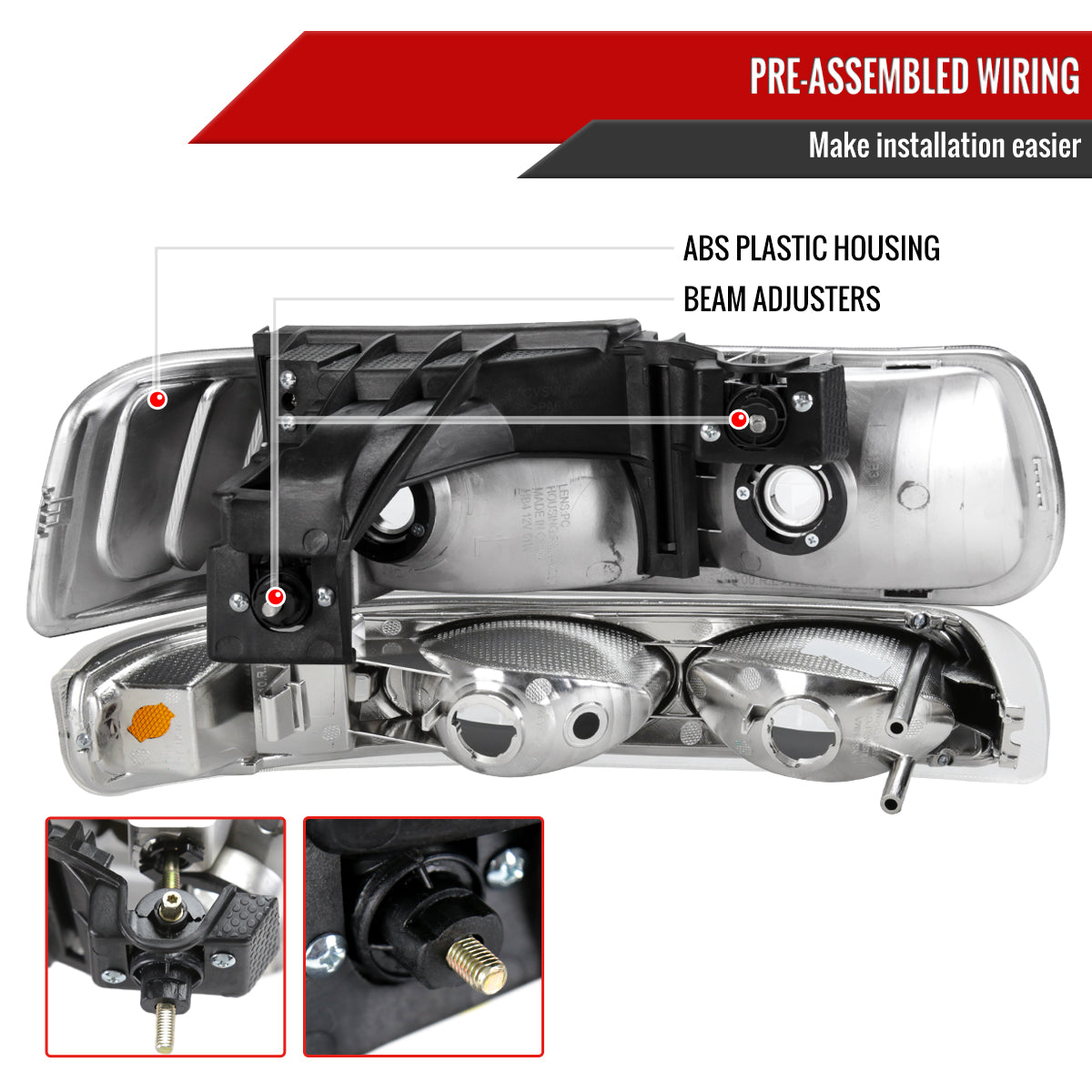 1999-2002 Chevrolet Silverado/ 2000-2006 Tahoe/Suburban Factory Style Headlights w/ Bumper Light Assembly (Chrome Housing / Smoked Lens)