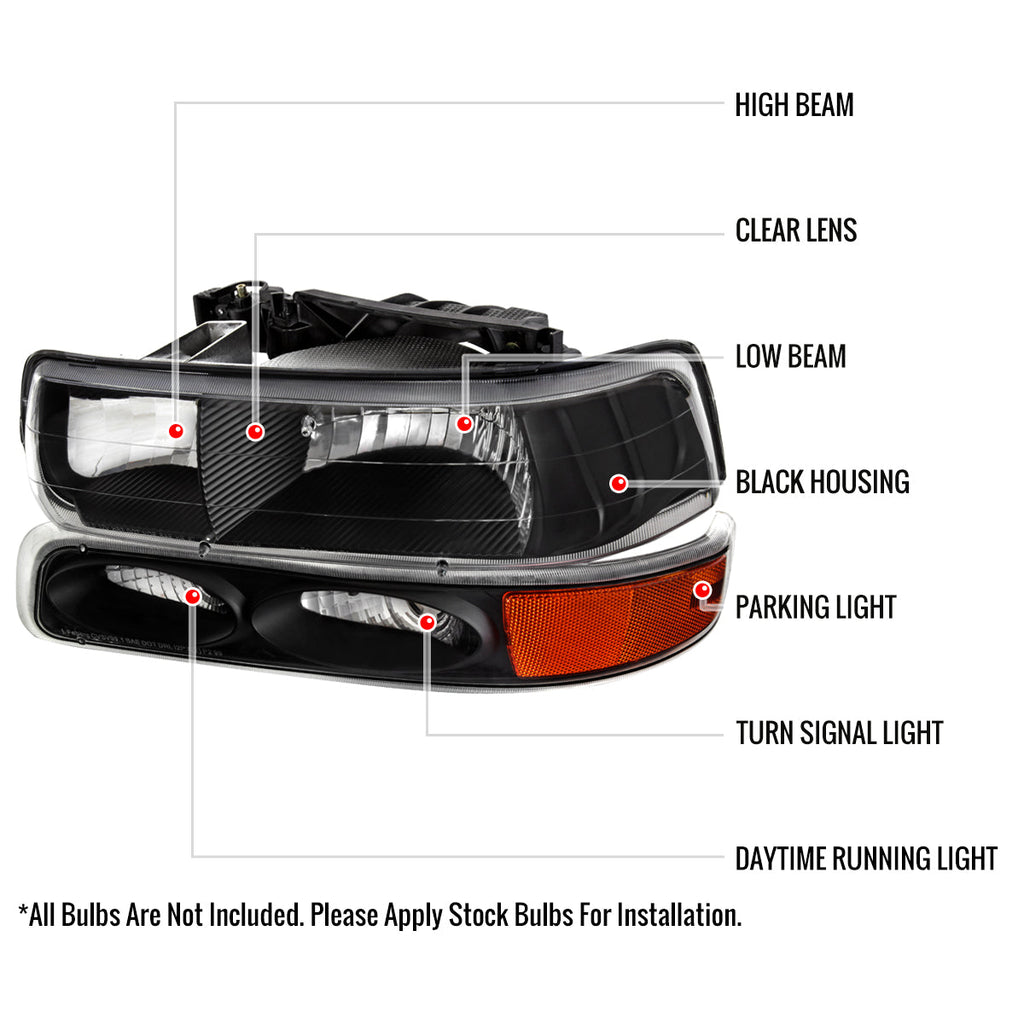 1999-2002 Chevrolet Silverado/ 2000-2006 Tahoe/Suburban Factory Style Headlights w/ Bumper Light Assembly (Chrome Housing / Smoked Lens)