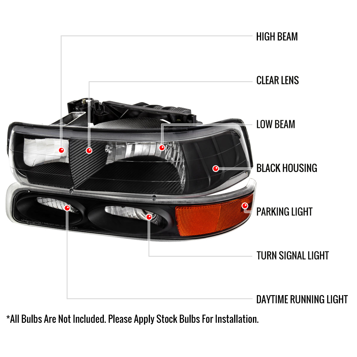 1999-2002 Chevrolet Silverado/ 2000-2006 Tahoe/Suburban Factory Style Headlights w/ Bumper Light Assembly (Chrome Housing / Smoked Lens)
