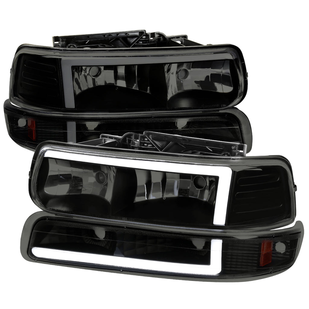 1999-2002 Chevrolet Silverado 1500 2500 / 2000-2006 Tahoe Suburban LED Bar Factory Style Headlights & Bumper Lights with Amber Reflector (Black Housing/Smoked Lens)