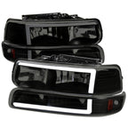 1999-2002 Chevrolet Silverado 1500 2500 / 2000-2006 Tahoe Suburban LED Bar Factory Style Headlights & Bumper Lights with Amber Reflector (Black Housing/Smoked Lens)