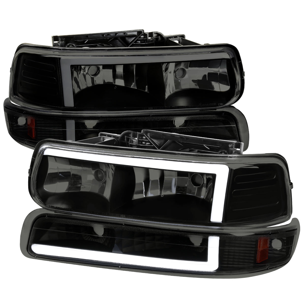 1999-2002 Chevrolet Silverado 1500 2500 / 2000-2006 Tahoe Suburban LED Bar Factory Style Headlights & Bumper Lights with Amber Reflector (Black Housing/Smoked Lens)