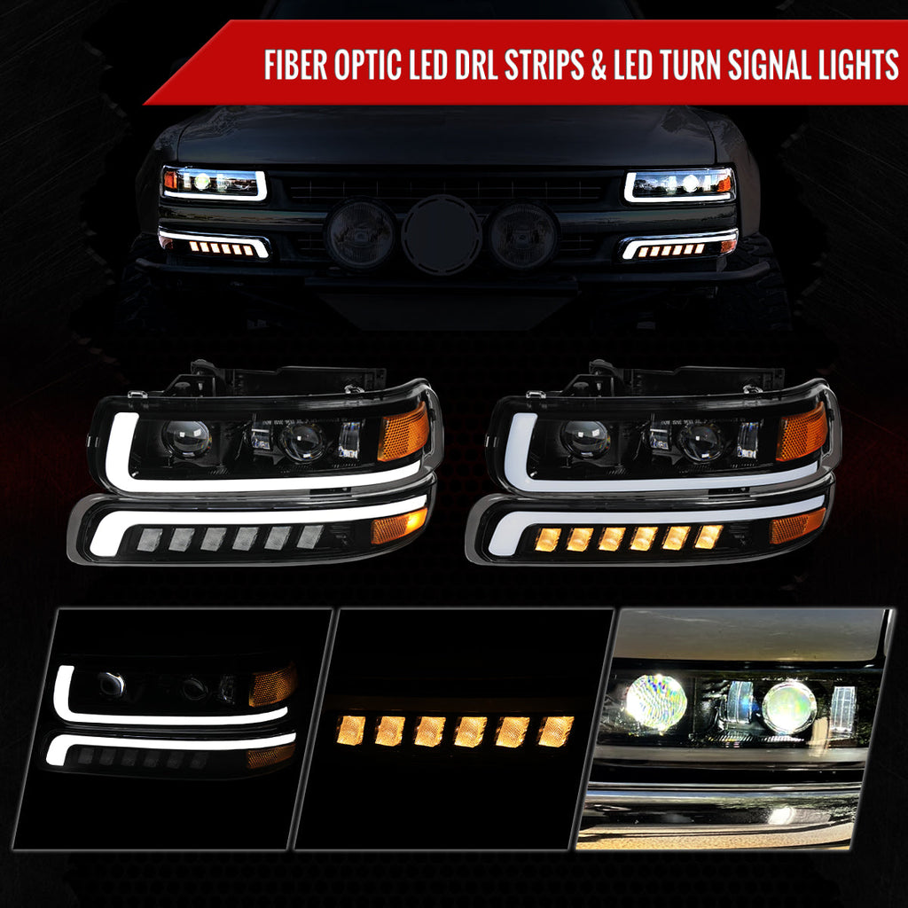 1999-2002 Chevrolet Silverado / 2000-2006 Tahoe / Suburban LED Projector DRL Headlights w/ Bumper Lights (Jet Black Housing/Clear Lens)