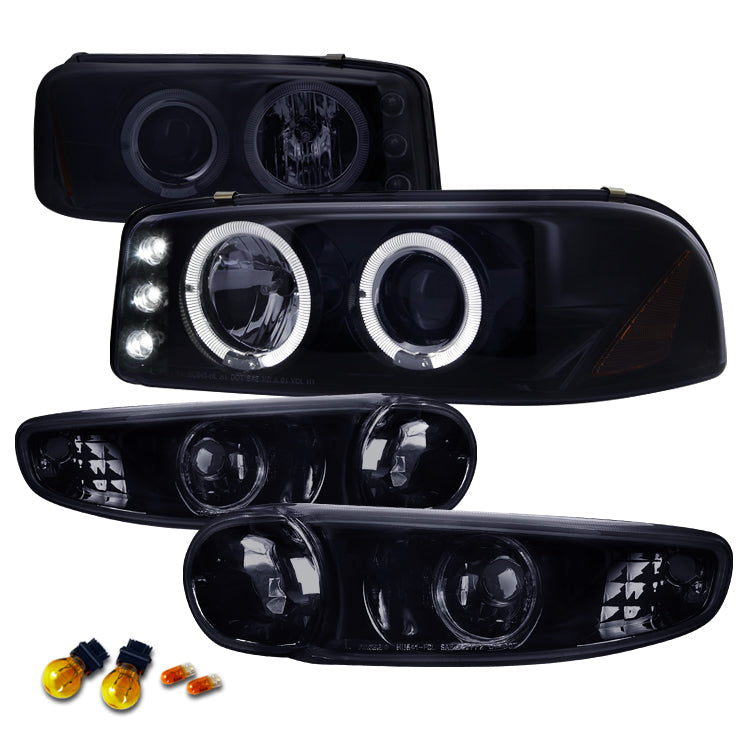 2001-2006 GMC Yukon + XL Denali/ 2002-2006 GMC Sierra Denali Dual Halo Projector Headlights w/ Bumper Lights (Glossy Black Housing/Smoked Lens)