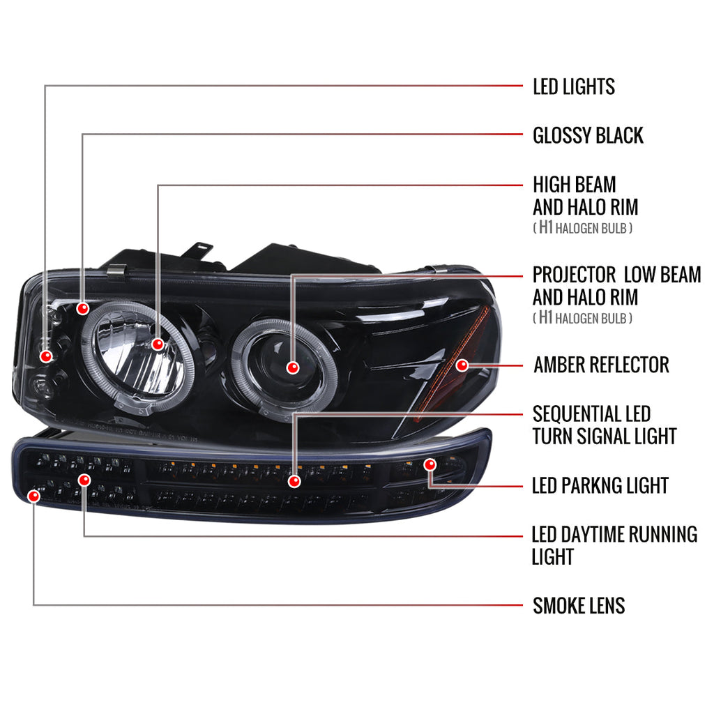 1999-2006 GMC Sierra/ 2000-2006 Yukon/Yukon XL Dual Halo Projector Headlights with LED Sequential Turn Signal Bumper Lights (Glossy Black Housing/Smoked Lens)
