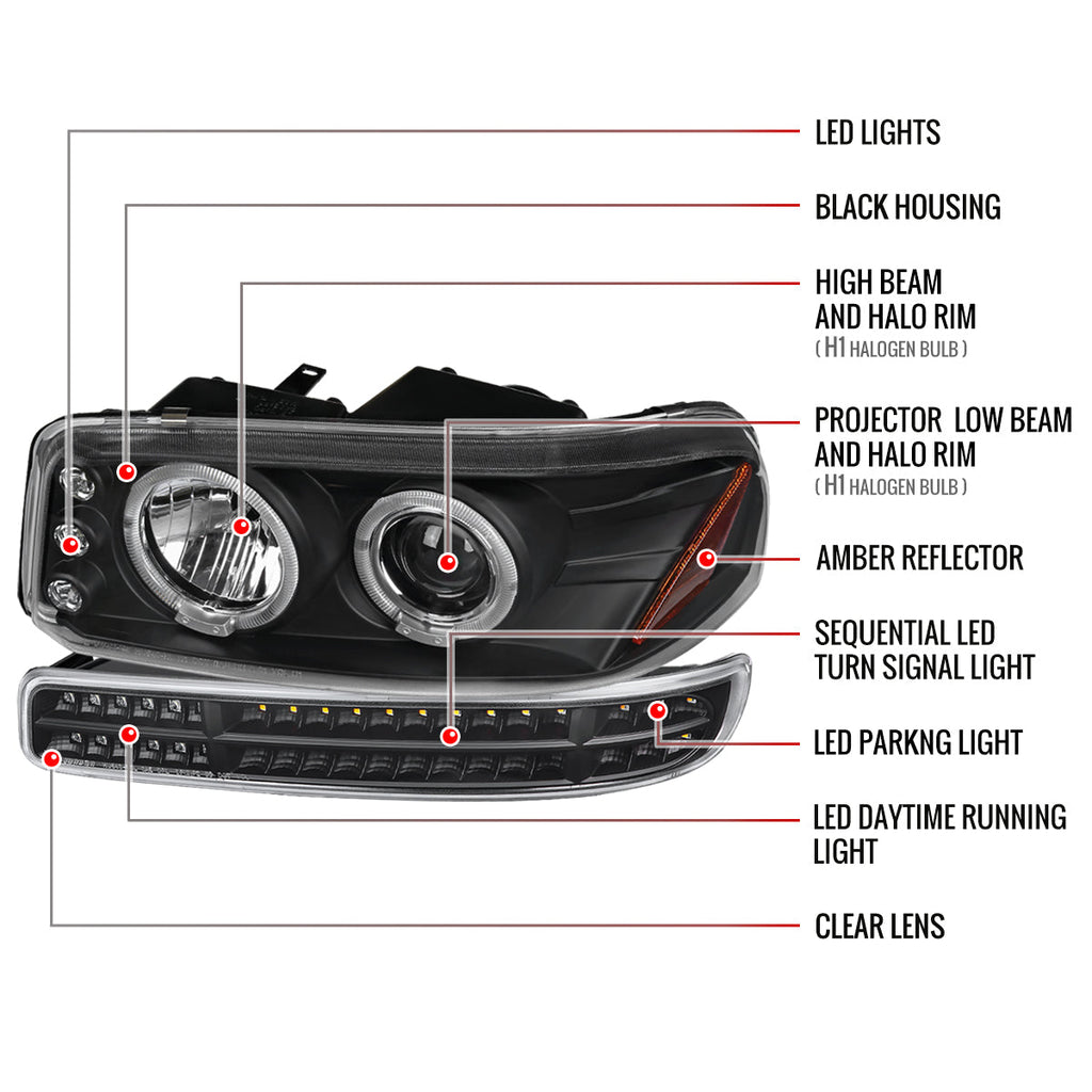 1999-2006 GMC Sierra/ 2000-2006 Yukon/Yukon XL Dual Halo Projector Headlights with LED Sequential Turn Signal Bumper Lights (Matte Black Housing/Clear Lens)